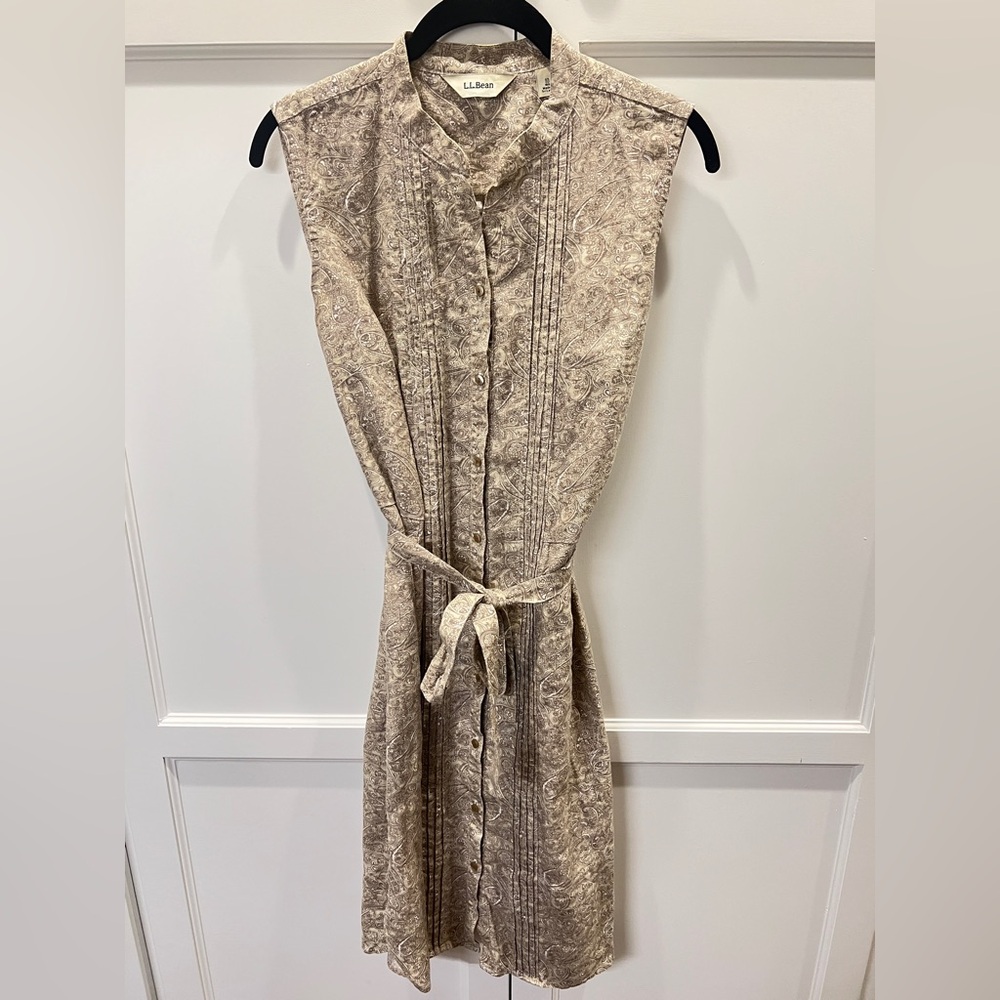 L.L. Bean Women's Tan Patterned Linen Sleeveless Dress Size 10